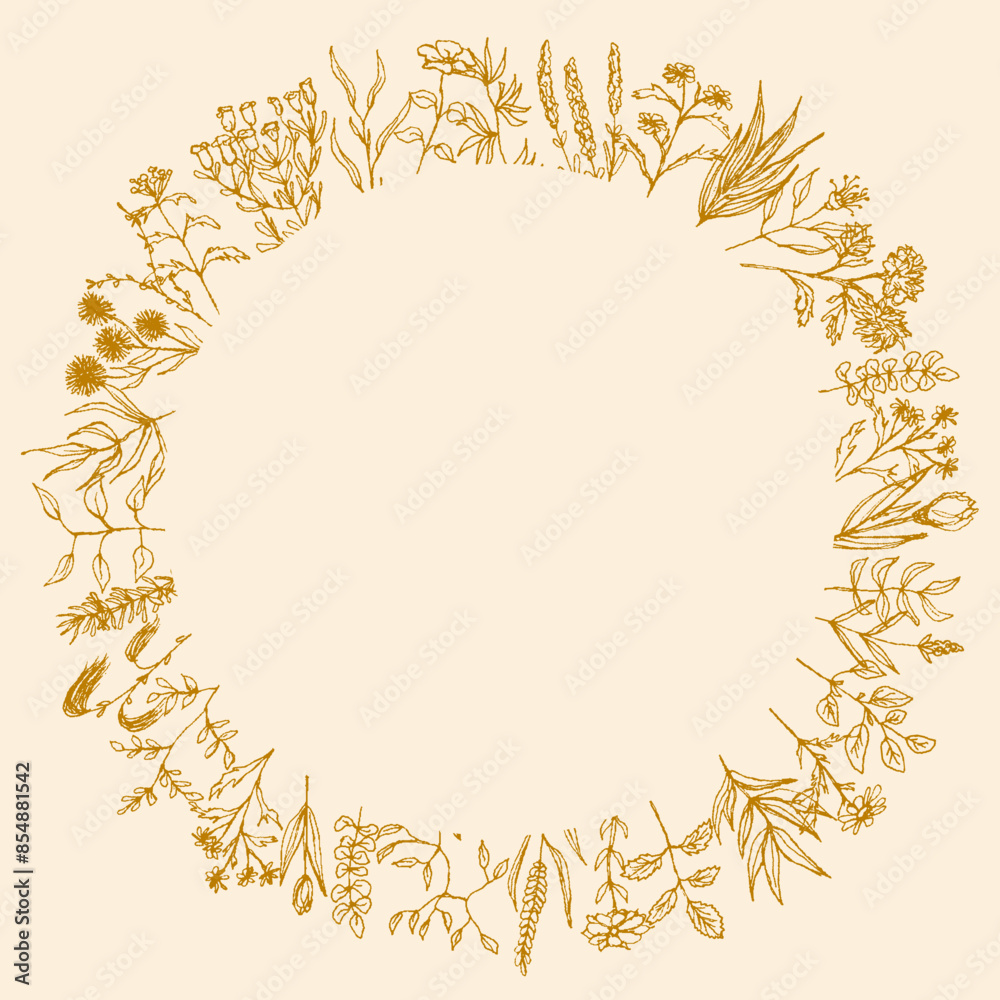 Circle floral beige frame. Foliage Holiday card with empty space. Floral background, Universal template. Floral hand drawn outlined twigs branches, eco background. Harvest festival, gathering herbs. Circle floral beige frame. Foliage Holiday card with empty space. Floral background, Universal template. Floral hand drawn outlined twigs branches, eco background. Harvest festival, gathering herbs.