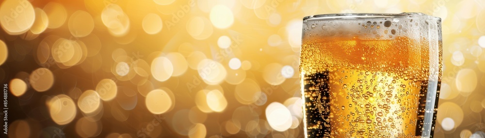 Golden beer in a glass with fizzy bubbles and bokeh lights background perfect for celebrating and refreshing moments. Golden beer in a glass with fizzy bubbles and bokeh lights background perfect for celebrating and refreshing moments.