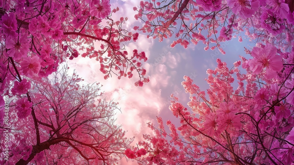 Pink blossoms cover the tree branches against the sky s hue Pink blossoms cover the tree branches against the sky s hue