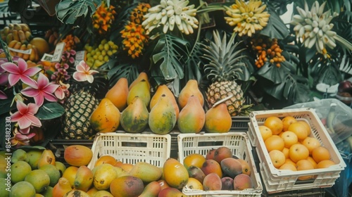 Tropical Fruit Market Display - Generative AI photo