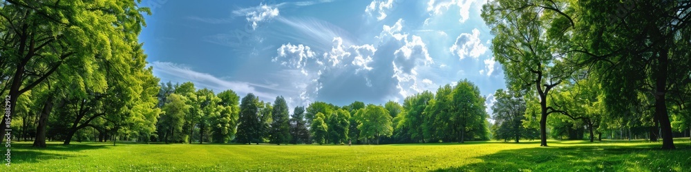 Trees And Sky. Summer Park View with Green Meadow and Panoramic Landscape Trees And Sky. Summer Park View with Green Meadow and Panoramic Landscape