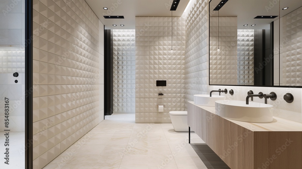 Bathroom with dynamic design, incorporating 3D tiles and unique fixtures Bathroom with dynamic design, incorporating 3D tiles and unique fixtures