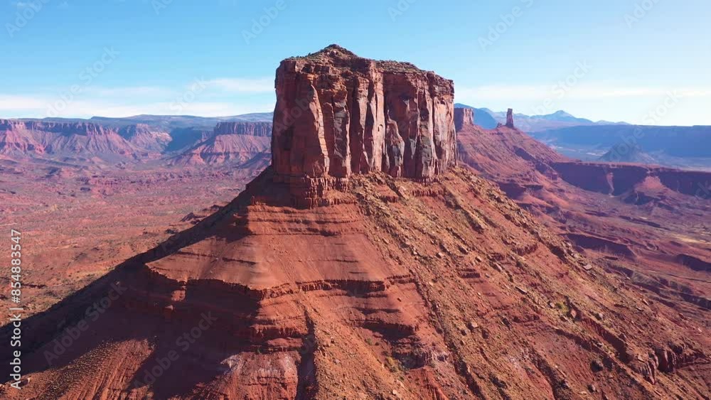 Red rocks butte high tower of brick canyon formation crumbling from erosion. Cliff peak in heat desert usa. Aerial view around flying. Travel explore in Arizona Utah Nevada Colorado state Red rocks butte high tower of brick canyon formation crumbling from erosion. Cliff peak in heat desert usa. Aerial view around flying. Travel explore in Arizona Utah Nevada Colorado state