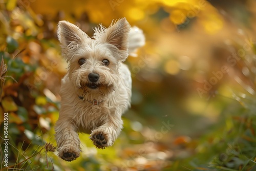 Adorable Small Dog Running Through Autumn Forest with Golden Leaves and Sunlight Bokeh Background © Thitaya