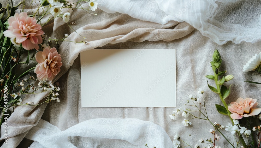 mockup of a blank card, surrounded by flowers and linen fabric mockup of a blank card, surrounded by flowers and linen fabric
