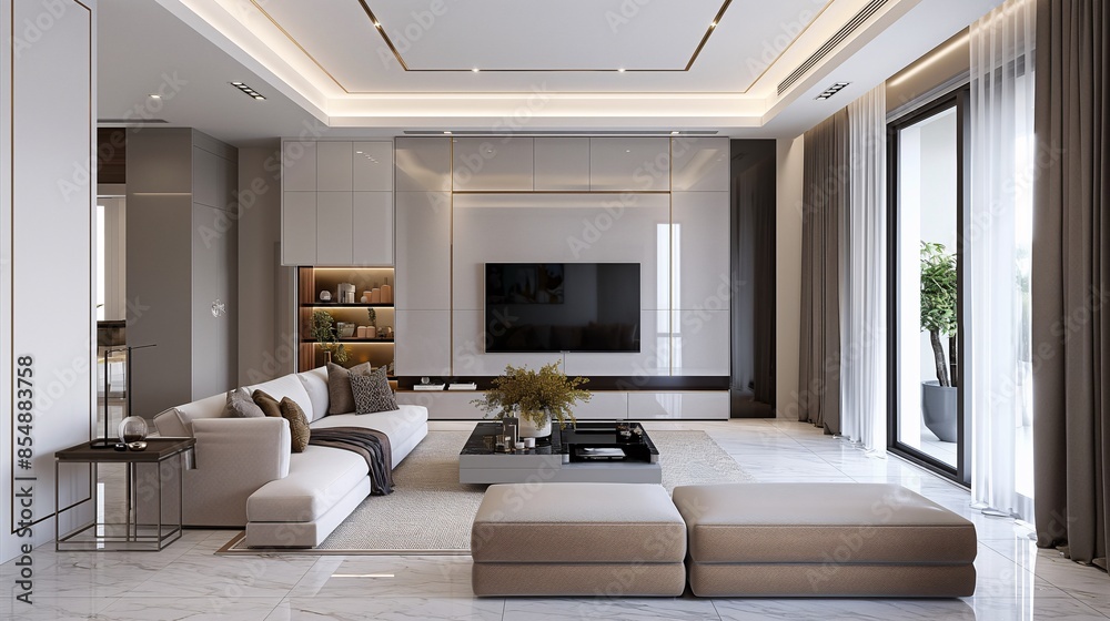 Fototapeta premium Living room with dynamic design, featuring a mix of 2D and 3D elements