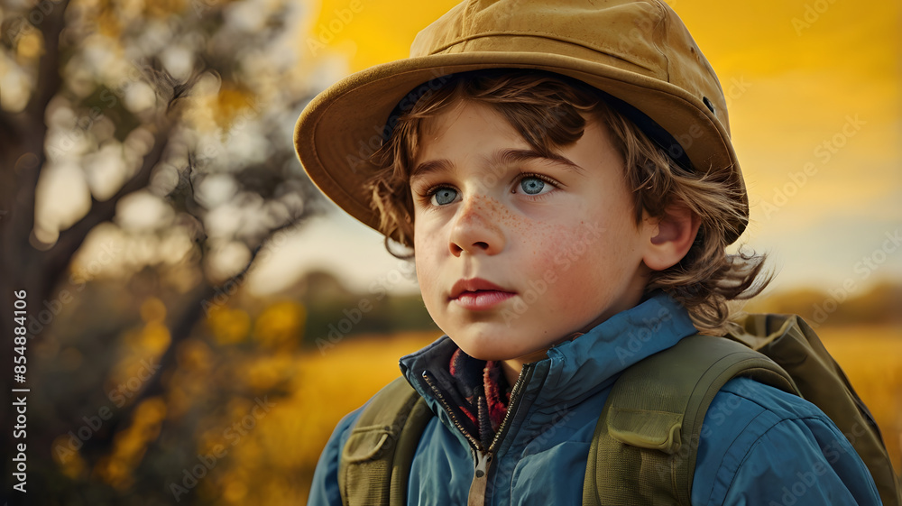 Portrait of a young boy wearing a hat and backpack, exploring nature during a vibrant autumn sunset, looking thoughtful Portrait of a young boy wearing a hat and backpack, exploring nature during a vibrant autumn sunset, looking thoughtful