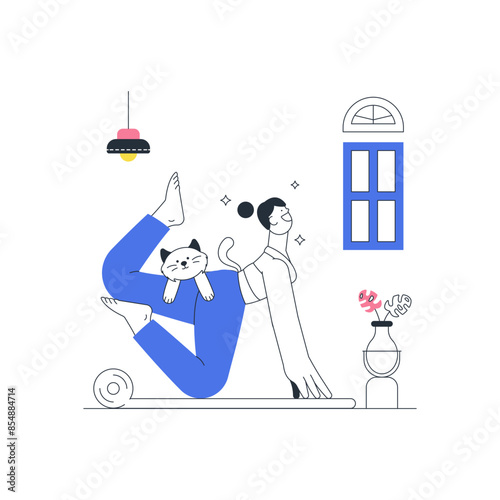 Doing Yoga with Cat Outline Illustration