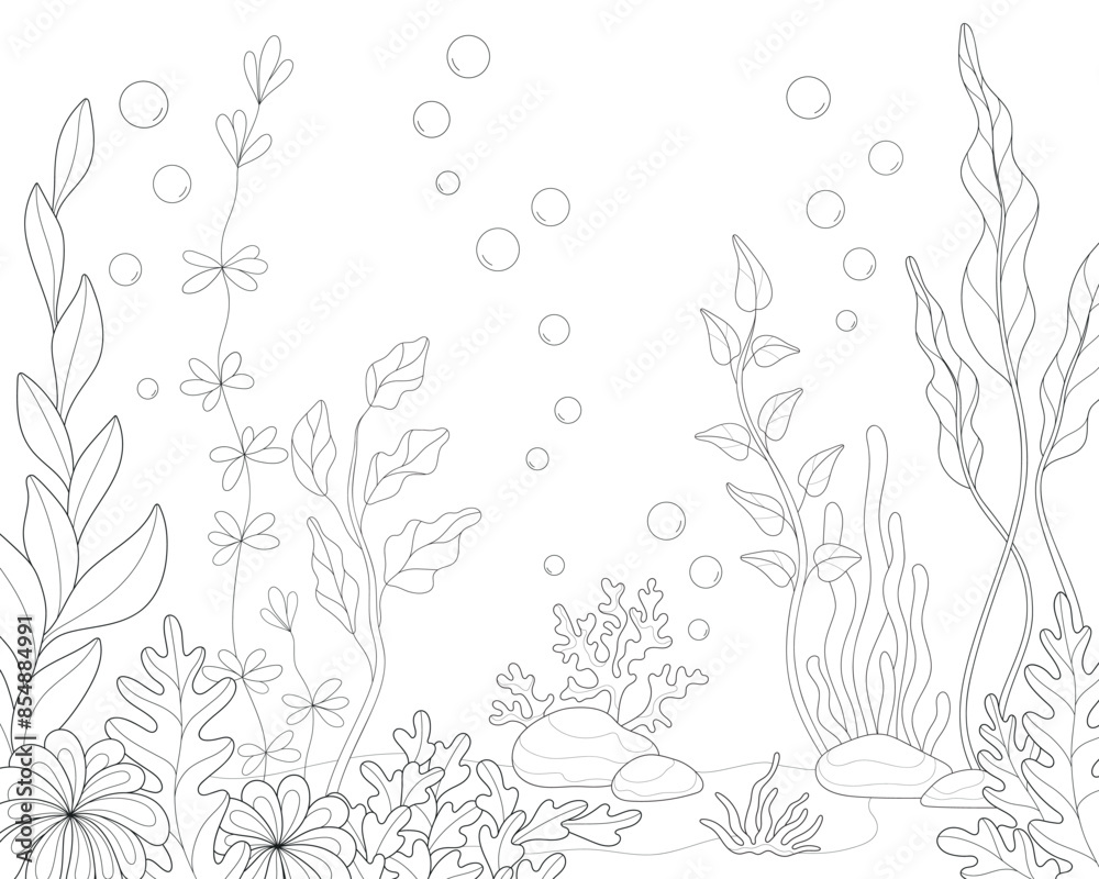 Fototapeta premium At the bottom of the ocean. Sandy bottom, stones and seaweed. Coloring.