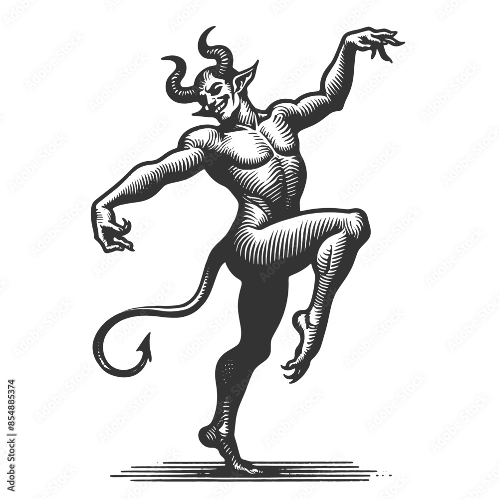 dancing devil with horns and tail, showcasing a mischievous and playful character sketch engraving generative ai fictional character vector illustration. Scratch board imitation. Black and white image dancing devil with horns and tail, showcasing a mischievous and playful character sketch engraving generative ai fictional character vector illustration. Scratch board imitation. Black and white image