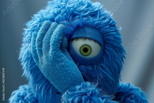 Blue furry cartoon character with green eyes showing sadness and emotion photo