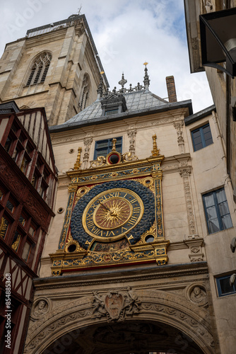 The large clock in Rouen, France, known as the Gros-Horloge, one of the city's most iconic landmarks as seen during the day