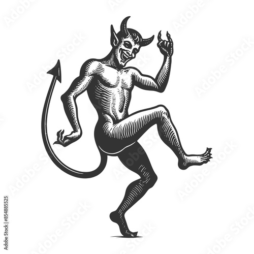 dancing devil with horns and tail, showcasing a mischievous and playful character sketch engraving generative ai fictional character vector illustration. Scratch board imitation. Black and white image