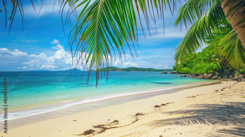 Obraz premium Tropical Beach. Paradise Island View with Sandy Shore and Palm Trees under Clear Blue Sky