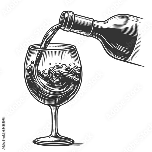wine being poured into a glass, capturing the motion and elegance of the liquid sketch engraving generative ai vector illustration. Scratch board imitation. Black and white image.