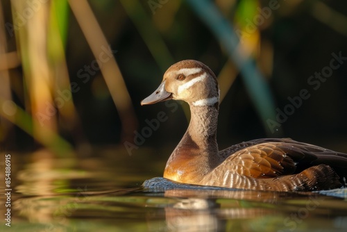 View from side body of a three Khaki Campbell duck swimming in river, Awe-inspiring, Full body shot ::2 Side Angle View photo