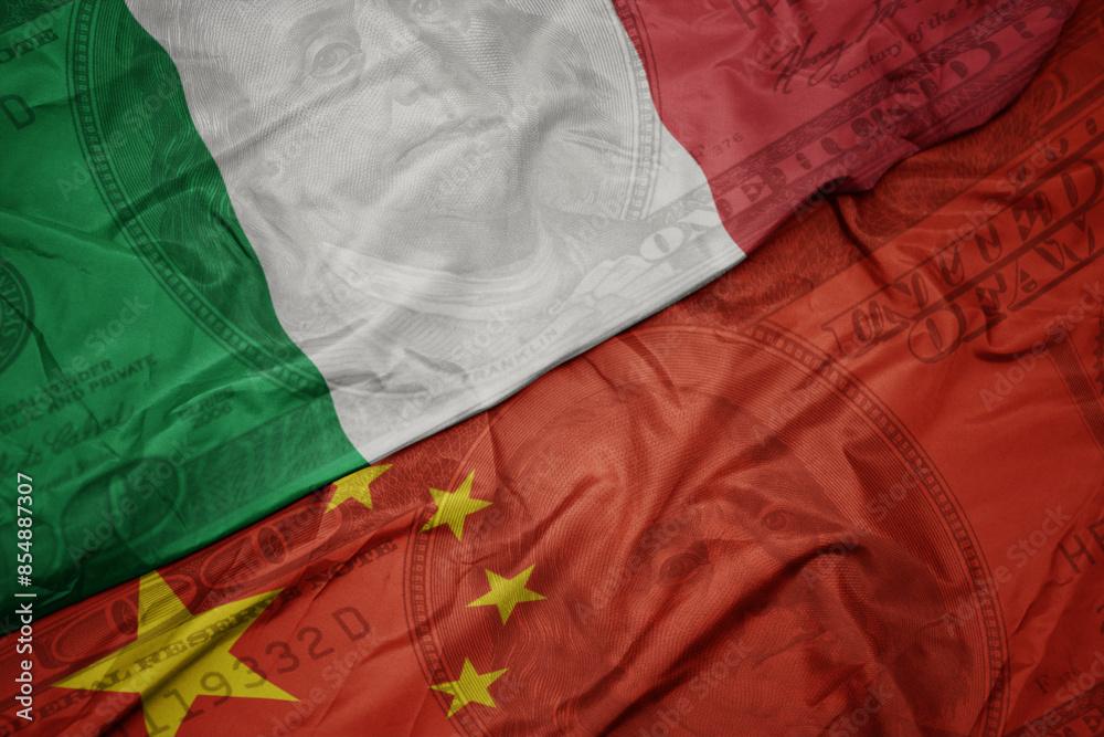 waving colorful flag of italy and national flag of china on the dollar money background. finance concept.