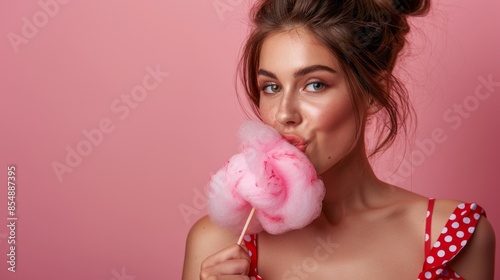 Cotton Candy Enjoyment: A brunette woman in a red and white polka dot dress happily eating cotton candy. Isolated on pink background. © steve