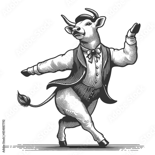 Dancing bull Cow showcasing a cheerful and whimsical character sketch engraving generative ai fictional character vector illustration. Scratch board imitation. Black and white image.