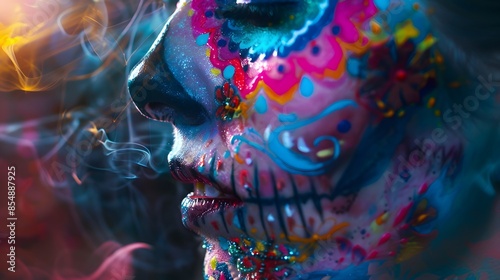 Portrait of female zombie with painted skull face, sends air kiss, expresses love, celebrates day of death, prays for family members who died comes on Mexican holiday or festival has halloween makeup. photo