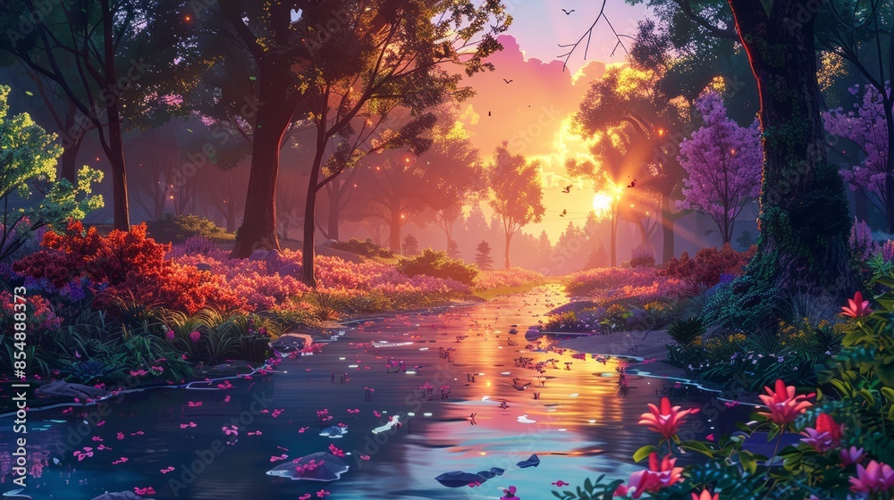 Sunset Serenity in Enchanted Forest with Blossoming Flowers and Soothing Stream Sunset Serenity in Enchanted Forest with Blossoming Flowers and Soothing Stream