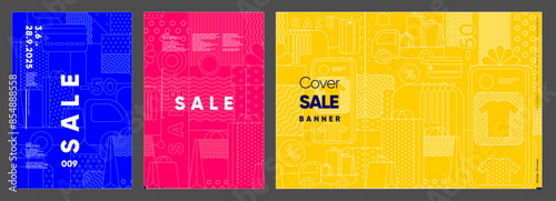 Sale banner. A set of vibrant promotional graphics for sales, each panel themed in monochrome colors with playful designs and bold typography, tailored for marketing and advertisements