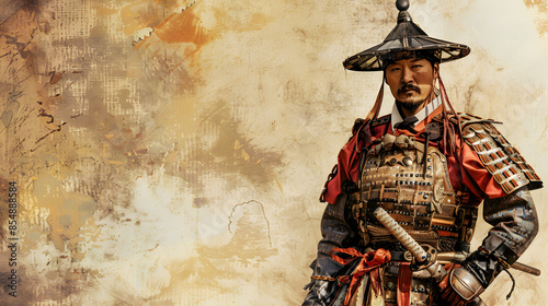 A Korean Joseon dynasty warrior in traditional armor, illustration.


