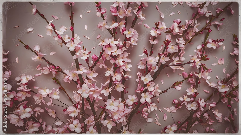 Fototapeta premium Pink cherry blossom fragile twigs close up on gray background retro toned