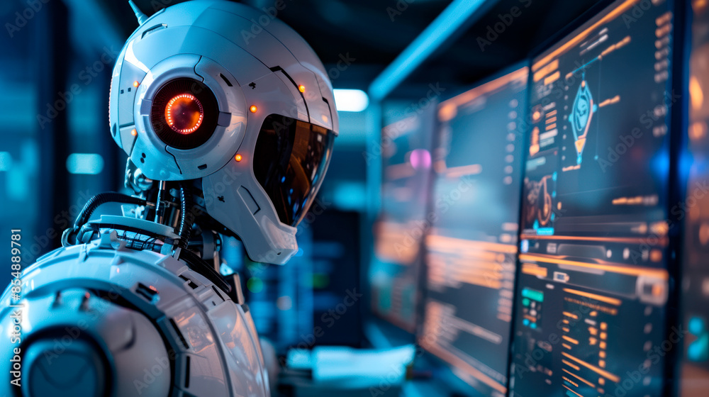 Cyborg in futuristic control room of a space ship Cyborg in futuristic control room of a space ship
