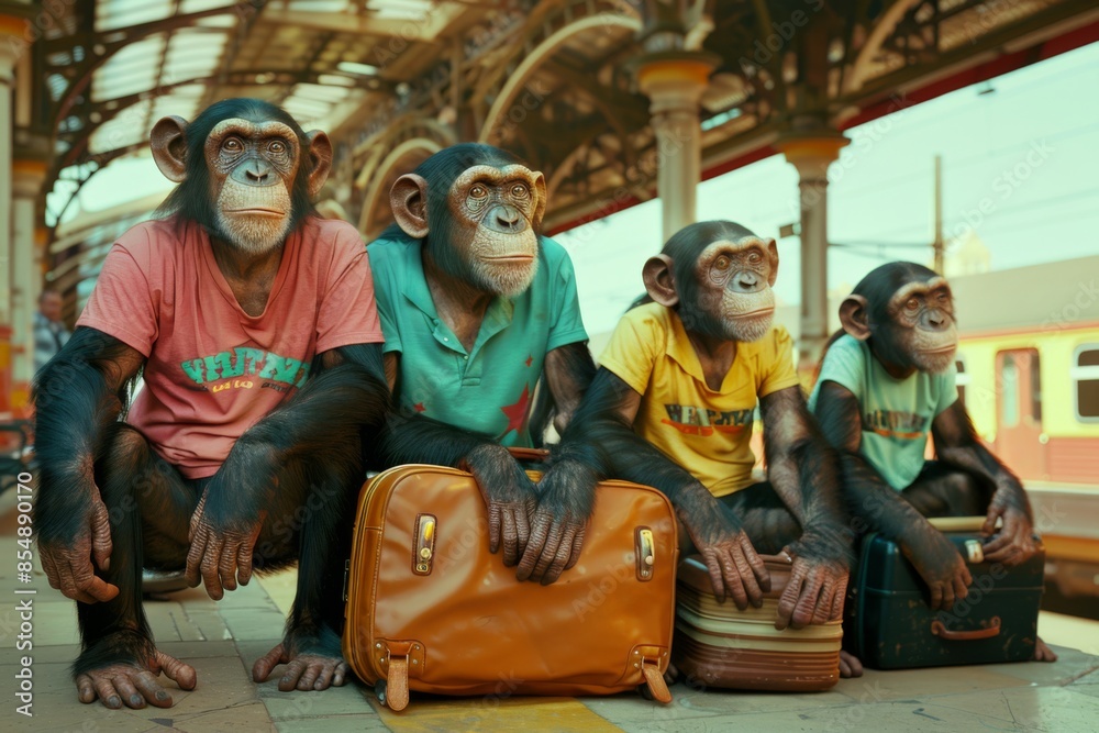 A group of cheerful monkeys, wearing colorful t-shirts and shorts, are waiting at a train station with their suitcases. A group of cheerful monkeys, wearing colorful t-shirts and shorts, are waiting at a train station with their suitcases.