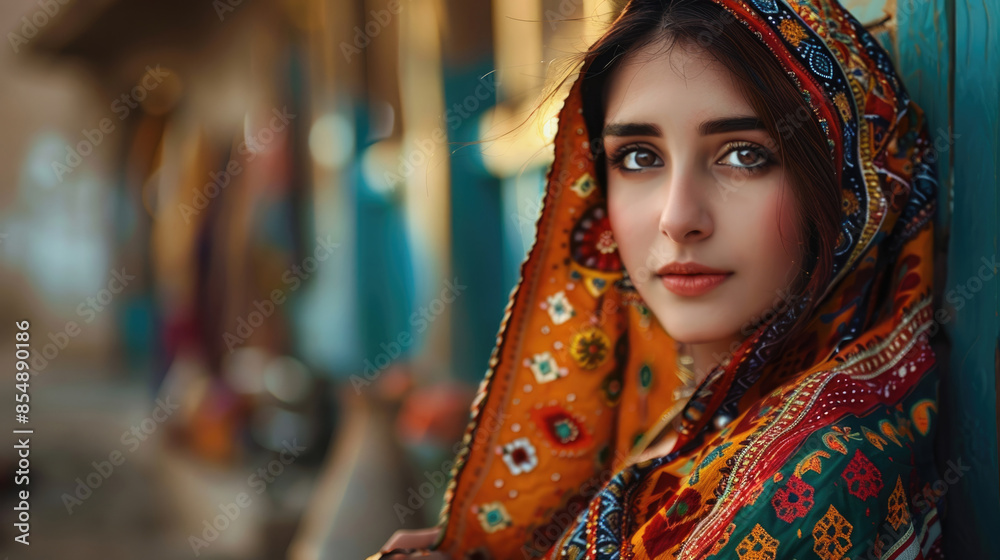 celebration of Pakistan Independence Day, portrait of a beautiful Pakistani girl in a national costume and headscarf, looking into the camera celebration of Pakistan Independence Day, portrait of a beautiful Pakistani girl in a national costume and headscarf, looking into the camera