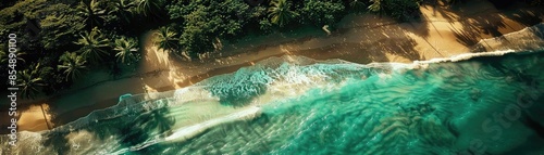 A breathtaking aerial view of a tropical beach with lush vegetation, golden sand, and turquoise waves crashing onto the shore under the warm sunlight.