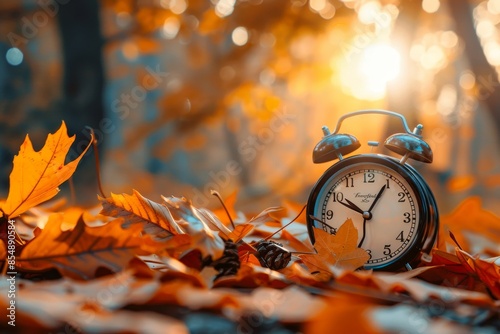 Autumnal scene with alarm clock and fall leaves, marking the ceremony of passage and transition