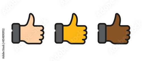 Thumbs up, set of hands of different colors with fingers up, gesture of approval, icon.
