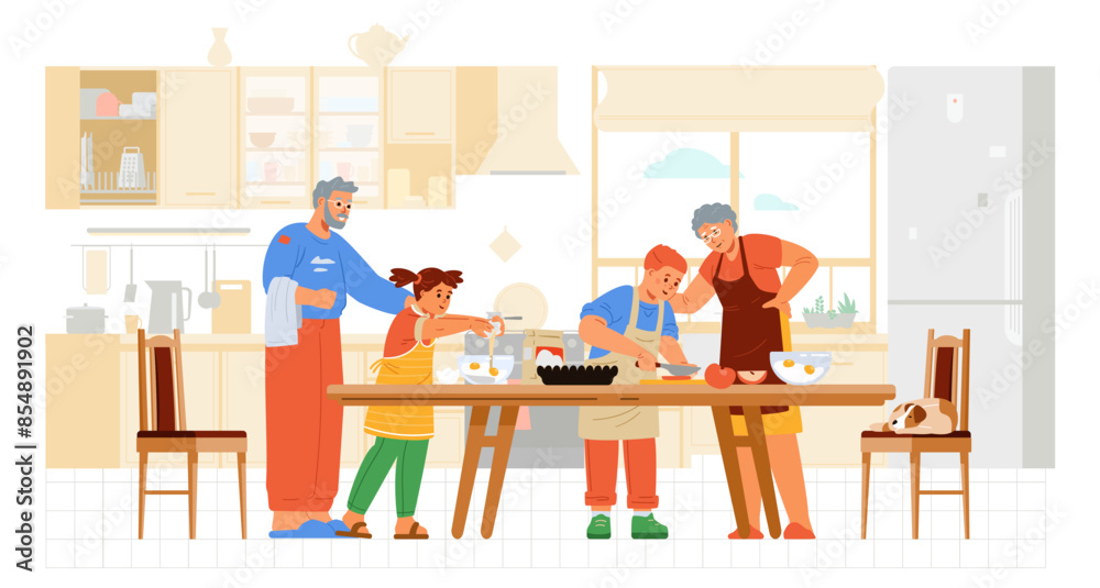 Grandparents with two grandchildren boy and girl cooking together in the kitchen flat vector illustration. Family spending time together at home.