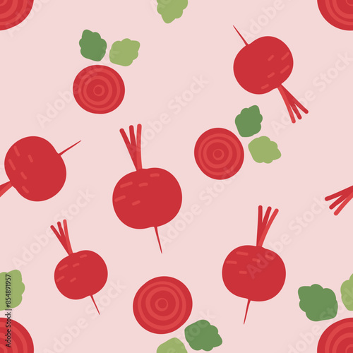 Seamless pattern of beet root with green leaves on pink background vector.