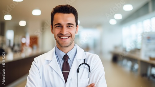 Portrait of a smiling male doctor in a hospital setting.