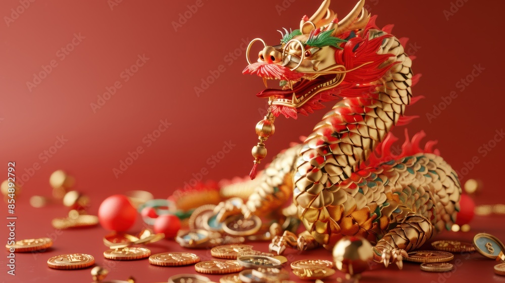 Fototapeta premium Golden dragon figurine on red podium for chinese new year