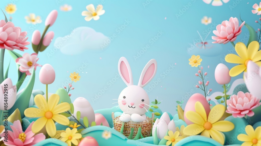 Happy easter bunny in a nest surrounded by colorful flowers Happy easter bunny in a nest surrounded by colorful flowers