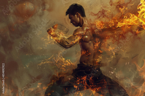 boxing fighters on fire concept wallpaper banner design, Mix martial art digital portrait, Ethereal wrestling concept Art, surreal karate players, Creative fantasy fighting figures illustration design