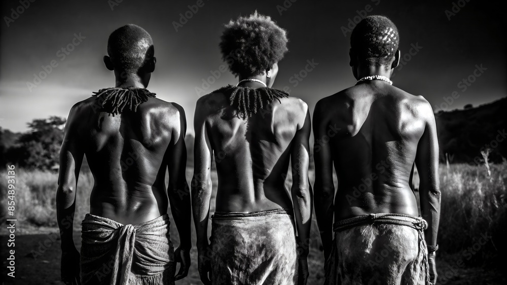 Three Primitive People Standing Back-to-Back, Black and White. Perfect for: anthropology studies, historical documentation, cultural diversity projects, anthropology, cultural heritage. Three Primitive People Standing Back-to-Back, Black and White. Perfect for: anthropology studies, historical documentation, cultural diversity projects, anthropology, cultural heritage.