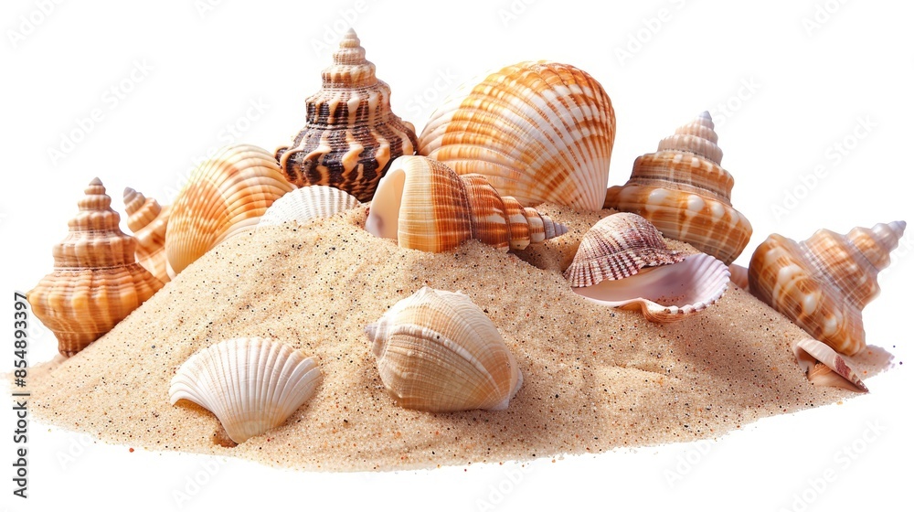 Sea shells on a sand heap against a white backdrop Sea shells on a sand heap against a white backdrop