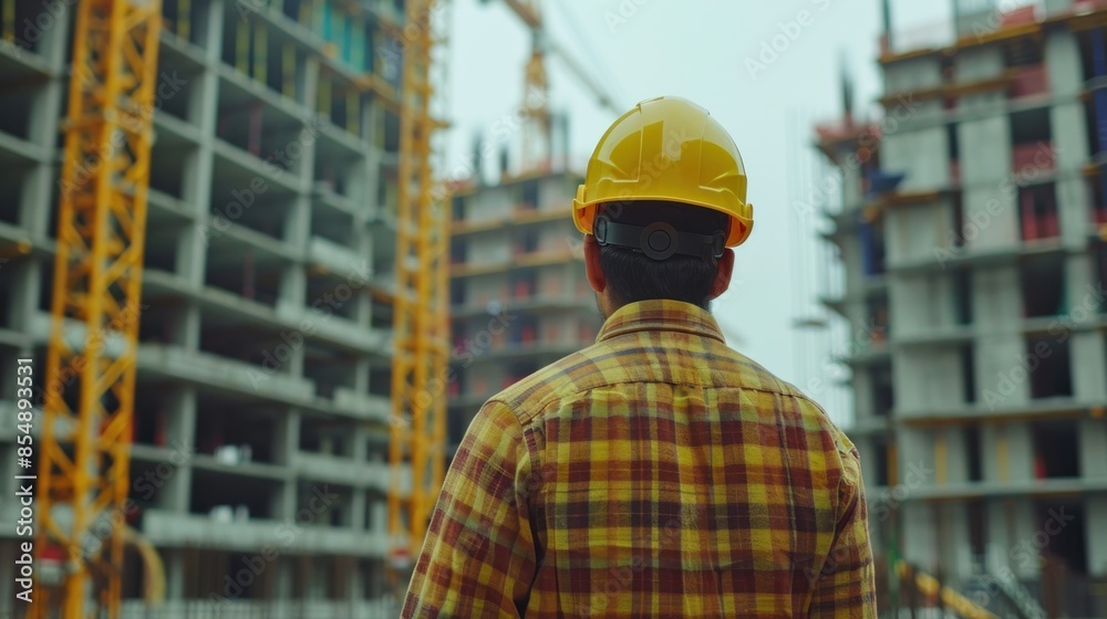 Back view of a Construction Worker Looking at a Construction Site Back view of a Construction Worker Looking at a Construction Site