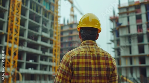 Back view of a Construction Worker Looking at a Construction Site