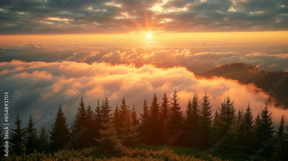 A breathtaking sunrise over a dense forest with clouds below the horizon, creating a serene and majestic atmosphere. A breathtaking sunrise over a dense forest with clouds below the horizon, creating a serene and majestic atmosphere.