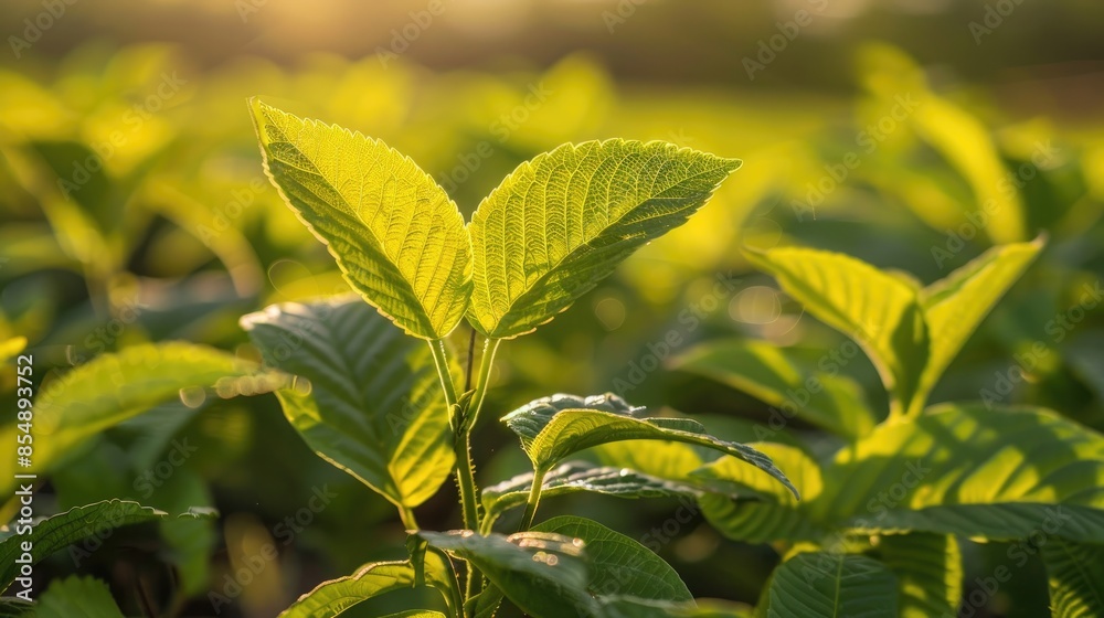 Obraz premium Morning light illuminating fresh leaves in the field