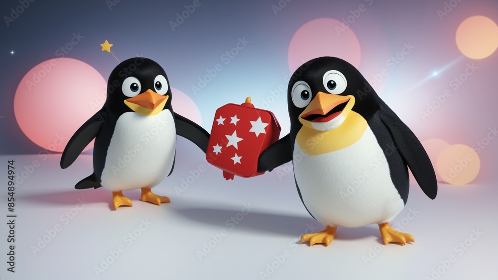 Obraz premium Penguin family in a cute winter cartoon illustration