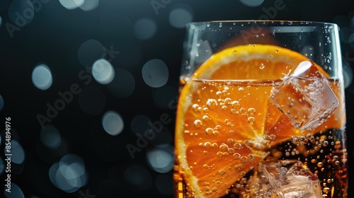 Aperol spritz cocktail with orange slice on black background in wide screen format featuring champagne
