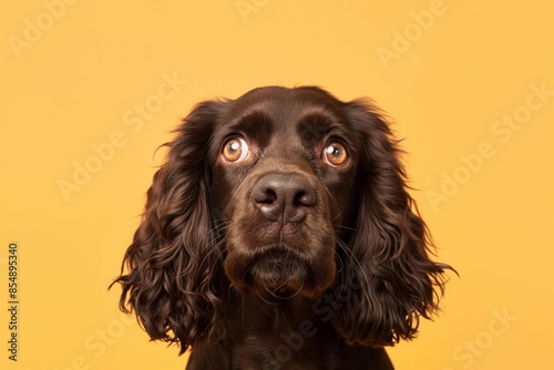 American Water Spaniel dog on minimalistic colorful background with Copy Space. Perfect for banners, veterinary ads, pet food promotions, and minimalist designs. © Darya