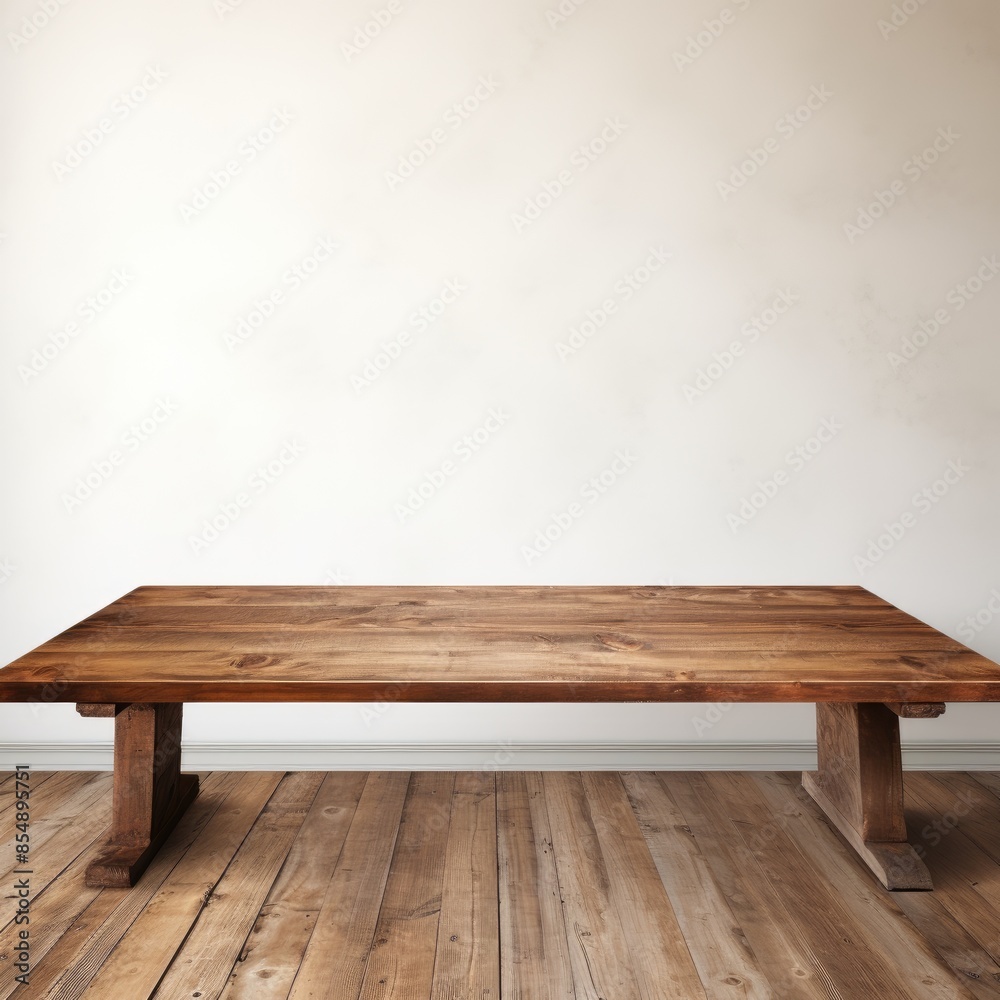 An Empty Rustic Wood Table Standing against a Clean, White Backdrop in Serene Setting An Empty Rustic Wood Table Standing against a Clean, White Backdrop in Serene Setting
